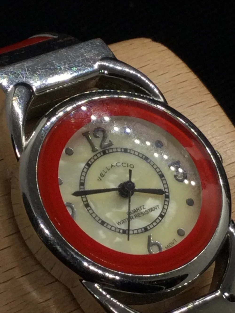 Vellaccio Ladies Quartz Watch 6” Open Cuff Metal Band Mop Dial 27mm Case